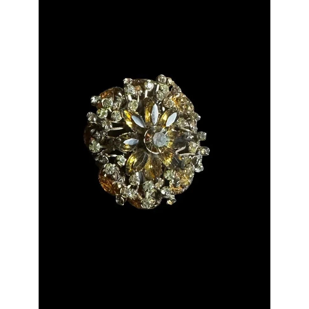 Vintage Large Domed Amber/Cola Rhinestone Floral Brooch Pin Statement Piece